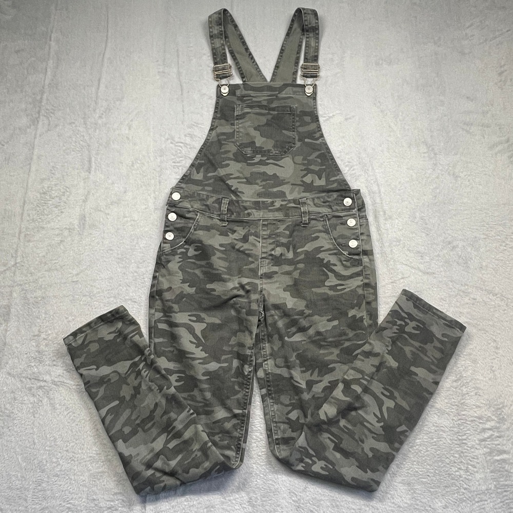 SO Camo Denim Overalls Women 16 Green Grey Camouflage Stretch Slim Leg Bib